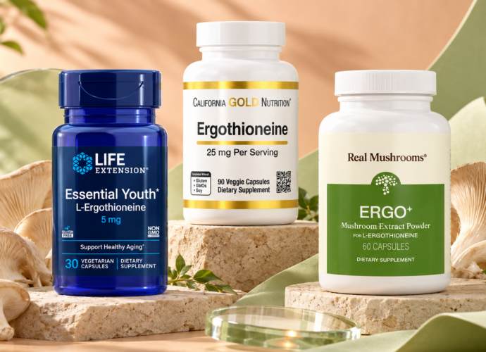 Эрготионеин на iHerb: Life Extension, California Gold Nutrition и Real Mushrooms на бежевом фоне