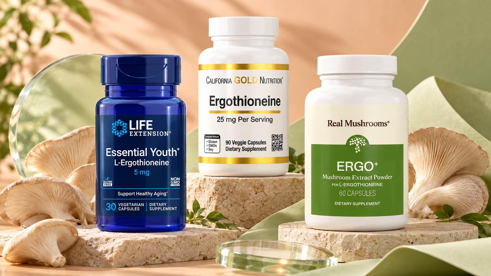 Эрготионеин на iHerb: Life Extension, California Gold Nutrition и Real Mushrooms на бежевом фоне